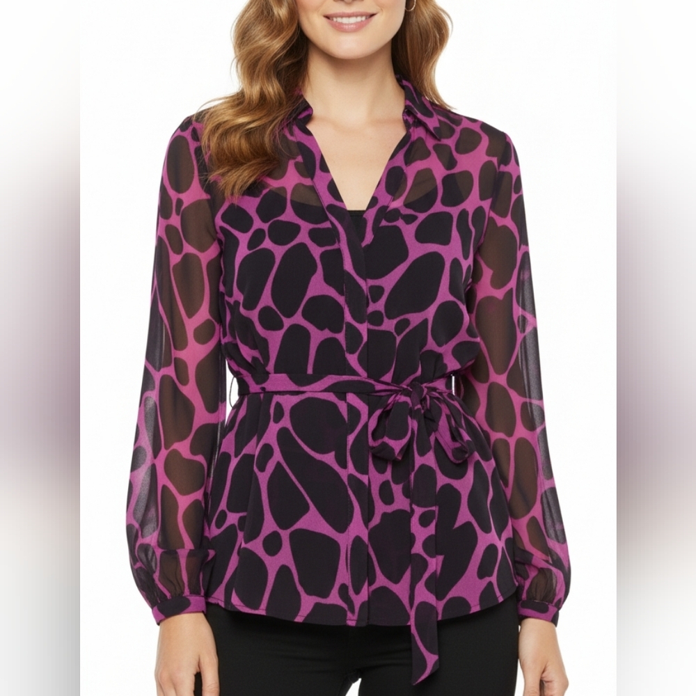 Express Womens Pink Black Sheer Blouse Lightweight Silk Giraffe Print V Neck M